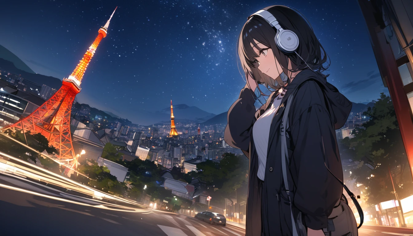 A black-haired woman facing forward with Tokyo Tower in the background,Night starry sky,Streetscape、Listening to music with headphones、Japanese