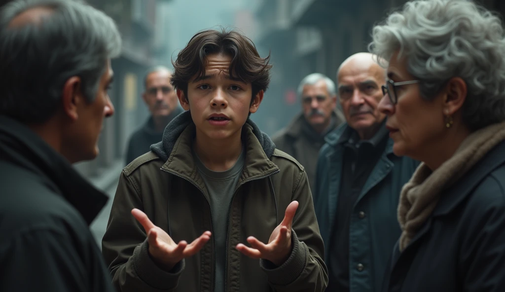Create A 18 boy try to talking with middle age peoples in which 2 females and 4 males who standing Infront of his , the boy opening his hands and try to explain something, background is a normal road, little dark theme ,wide shot, 8k very ultra realistic