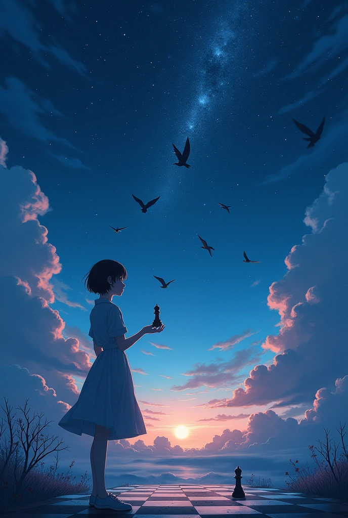Starry Sky,Chess board,Chess Pieces,One woman,one piece,Many birds in the sky,Fantasy,Shining,grow,anime風,Makoto Shinkai style,anime