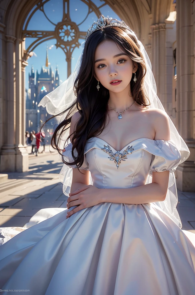 best quality, masterpiece, 1 girl, long hair, A huge laugh, cute , shiny lips, sweet, sun glare, Conservative attire, Disney Snow White, Bridal Tiara, depth of field, blurred background, Cathedral Background, light particles, strong wind, head tilt