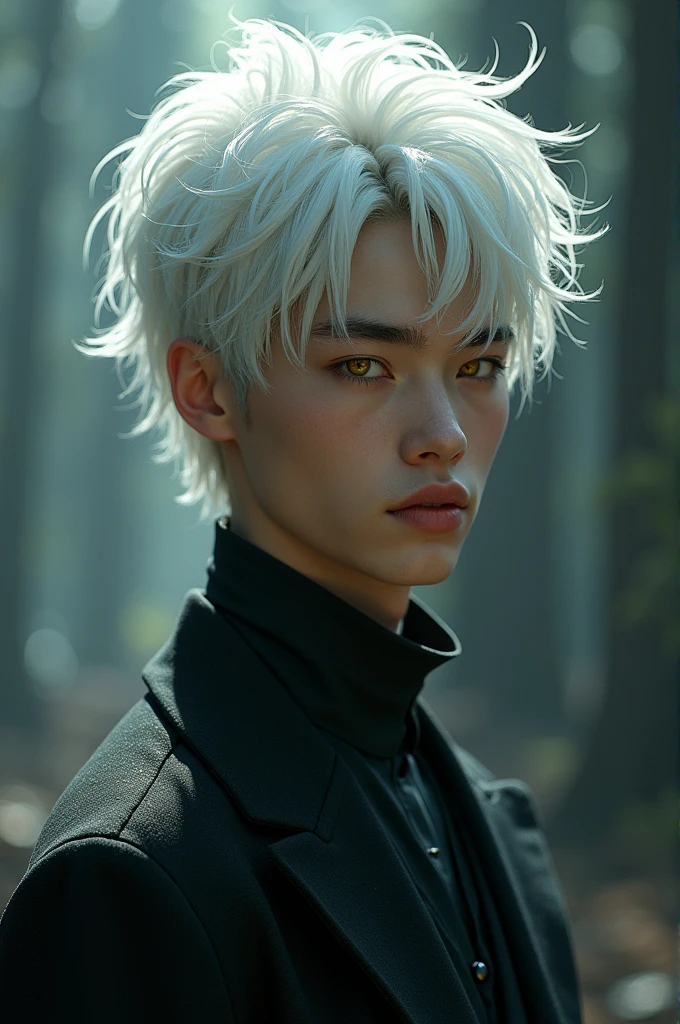 A tall boy with white hair and yellow eyes, his age is .