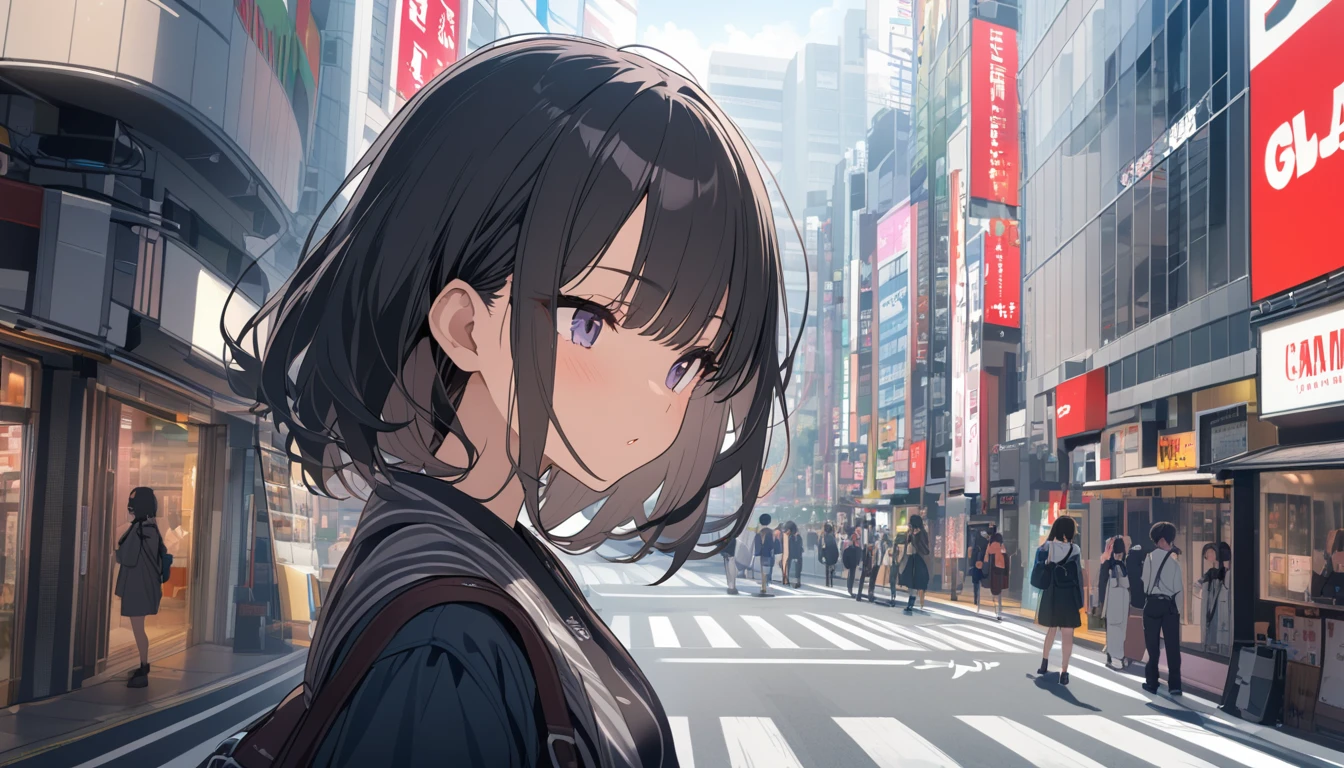 A black-haired woman looking out over Shibuya, Tokyo,Streetscape、listen to music、Japanese