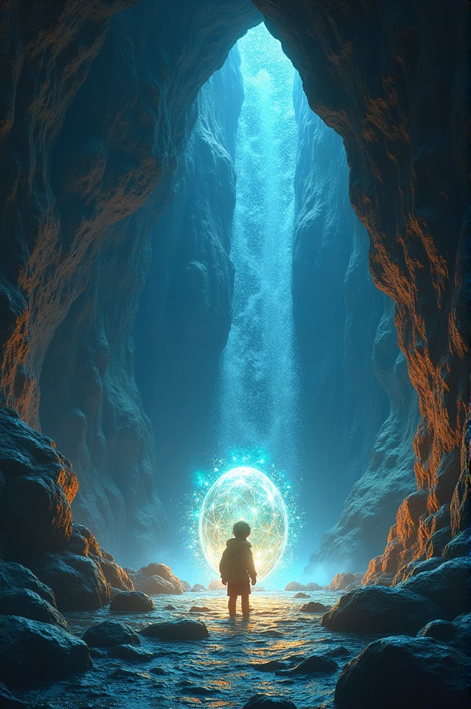 Benny is inside a hidden cave behind a waterfall. The cave’s walls are covered in glittering crystals that reflect the glowing light from a pulsating stone at the center. Ancient carvings of bears line the walls, telling tales of bravery and adventure. The atmosphere is magical, with light dancing across the cave. Benny looks in awe as he gently touches the glowing stone, his face filled with wonder.