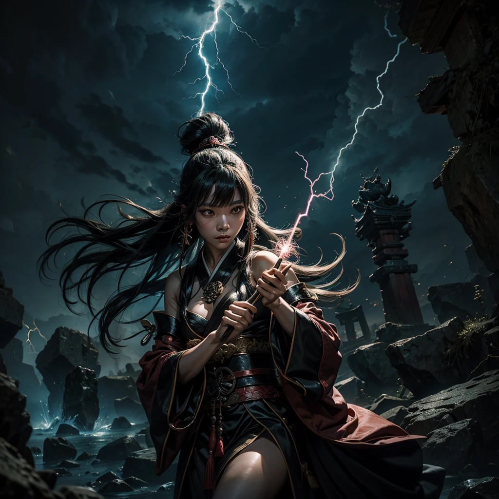 a Japanese sorceress casting a magical ritual with lightning and sinister and surreal presences