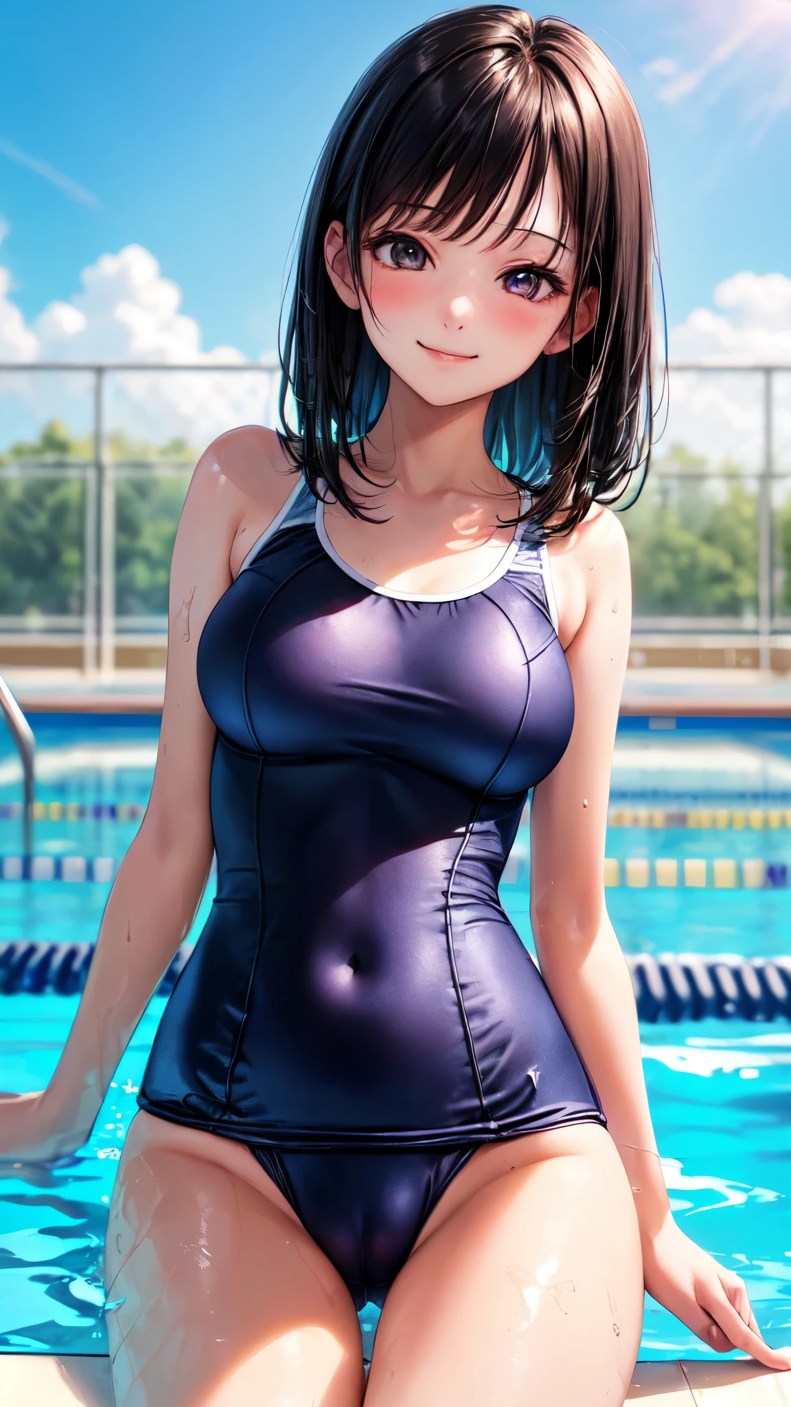 ((masterpiece,best quality,ultra detailed,high resolution)),(daytime,clear weather,bloom),((solo,beautiful-girl)),looking viewer,(black hair,straight hair),(finely detailed skin,fair skin),slender,smile,(school swimsuit),(on the pool,beautiful sky),medium breast,from front,(cameltoe),