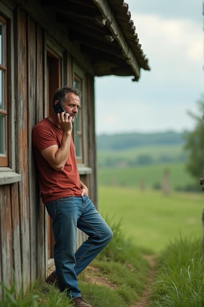 A man is making a phone call while leaning against the front wall of a house in a rural area