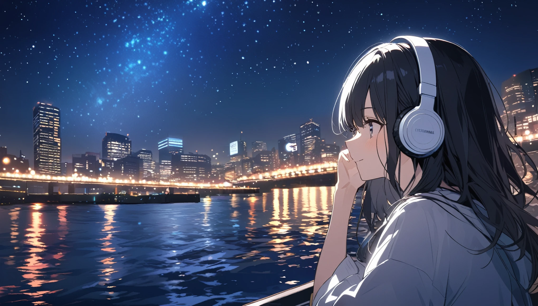 A black-haired woman wearing headphones looks at the night view of Yokohama from the sea,Night starry sky,Streetscape、listen to music、Japanese