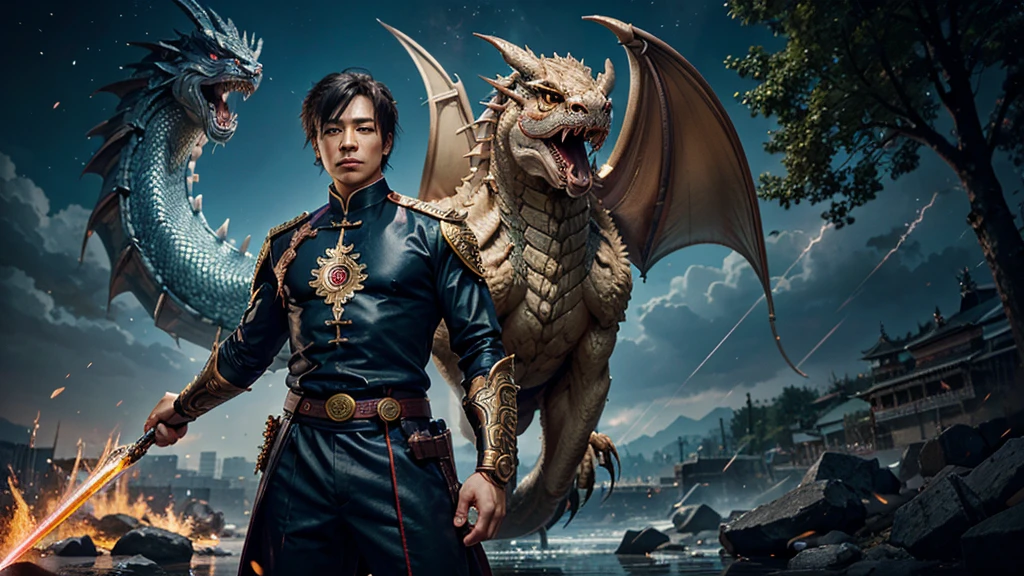 Chinese web novel main character poster anime style man hero with ancient dragon carp weapon pet animal and beautiful girl his weapon will create lightening poster type is manhwa anime. post must have text on it text [Chinese web novel main character poster anime style man hero with ancient dragon carp weapon pet animal and beautiful girl also in the poster "Nine Star Hegemon Body Art Audiobook"]