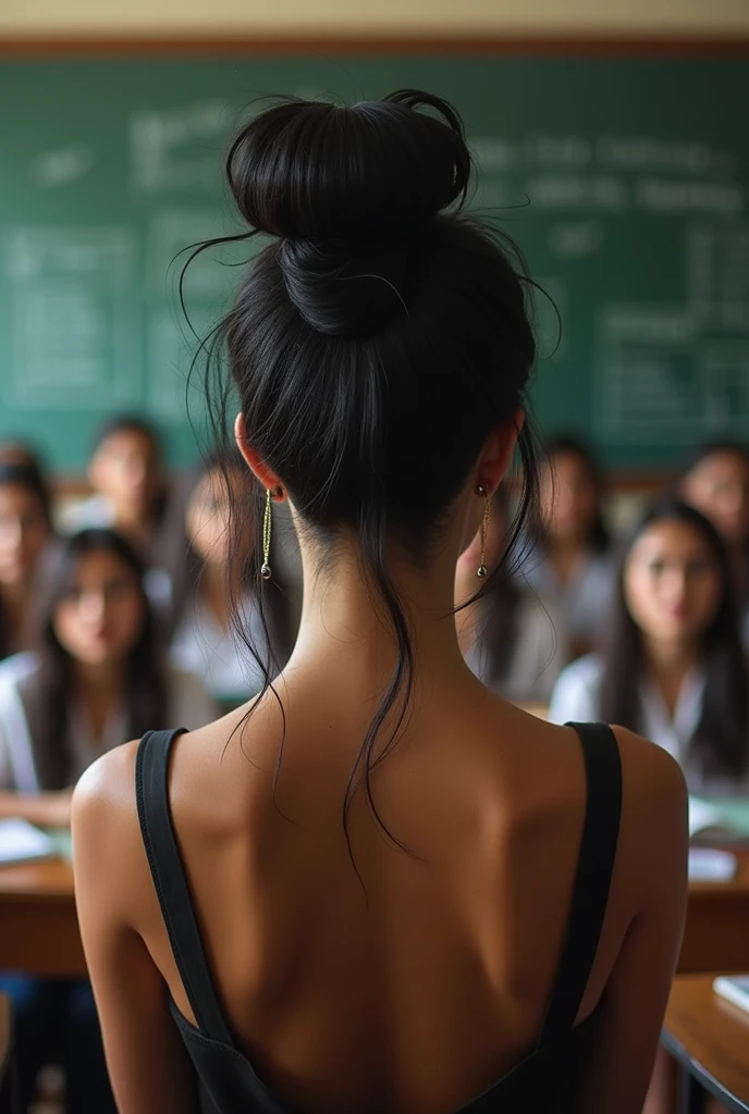 Teacher with long black hair with a flirty bun, The teacher has her back turned and is in the classroom, with the students.