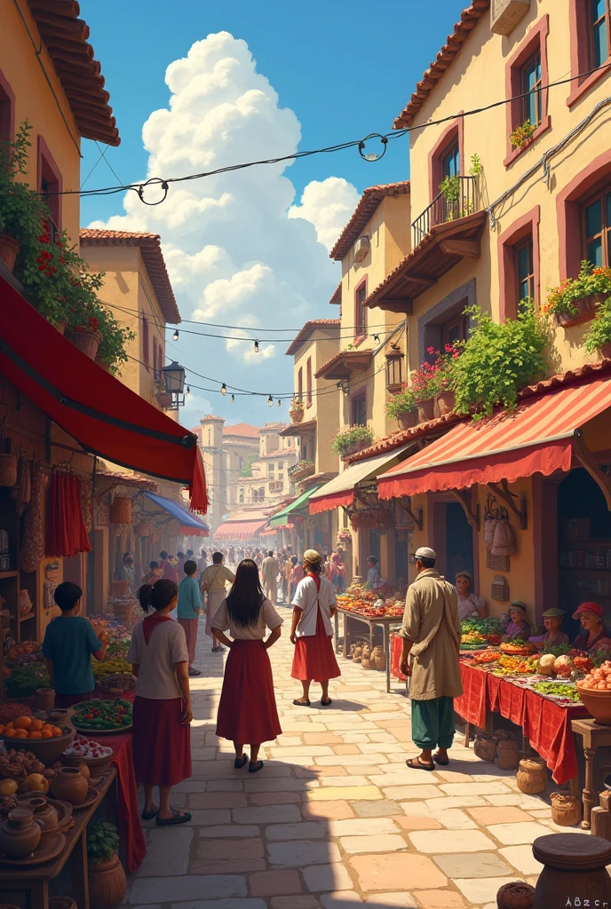 give me a pic of a bustling marketplace with artisans, traders, and farmers