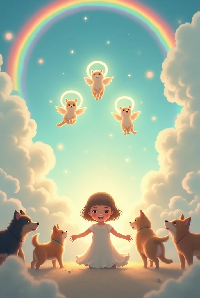 Give me a drawing.
The background have cloud, rainbow and birds
While in the middle there's a girl seating opening her arms welcoming tree dogs  running towards her while there's 3 dead angel dogs with round on top of the dog flying  on her upper head

