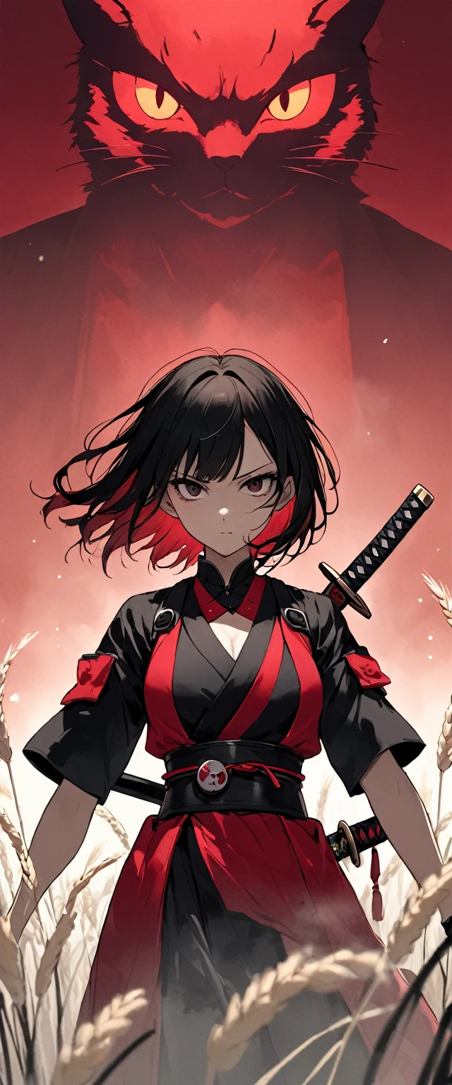 A slim young maiden dressed in a samurai uniform of shiny scarlet silk。Messy red short hair。Cat ear。 White Wheat Field。A world of thick fog,。Bust Shot。Dark Eyes。clothes are blowing in the wind。Serious expression。Katana on the waist。Stylish pose。Many small lanterns are floating。alone。Neo Tokyo。Japan。Red Sky。Chiaroscuro,