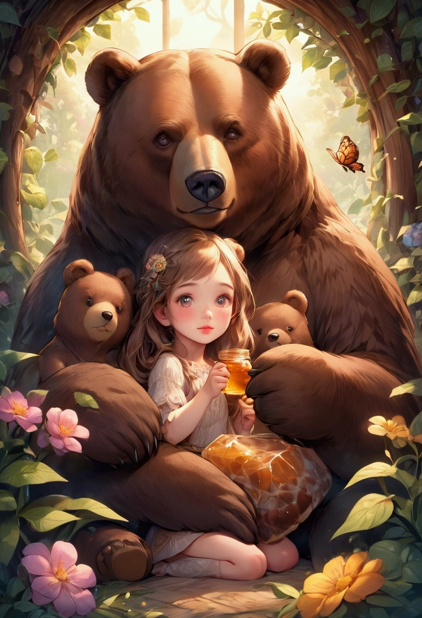 a cute girl with a friendly brown bear, sharing a honey, then playing together in a cozy den, Adorable scene between a girl and a brown bear, intricate detailed, face, longeyelash, lips, bear, playful expression, fantasy style illustration