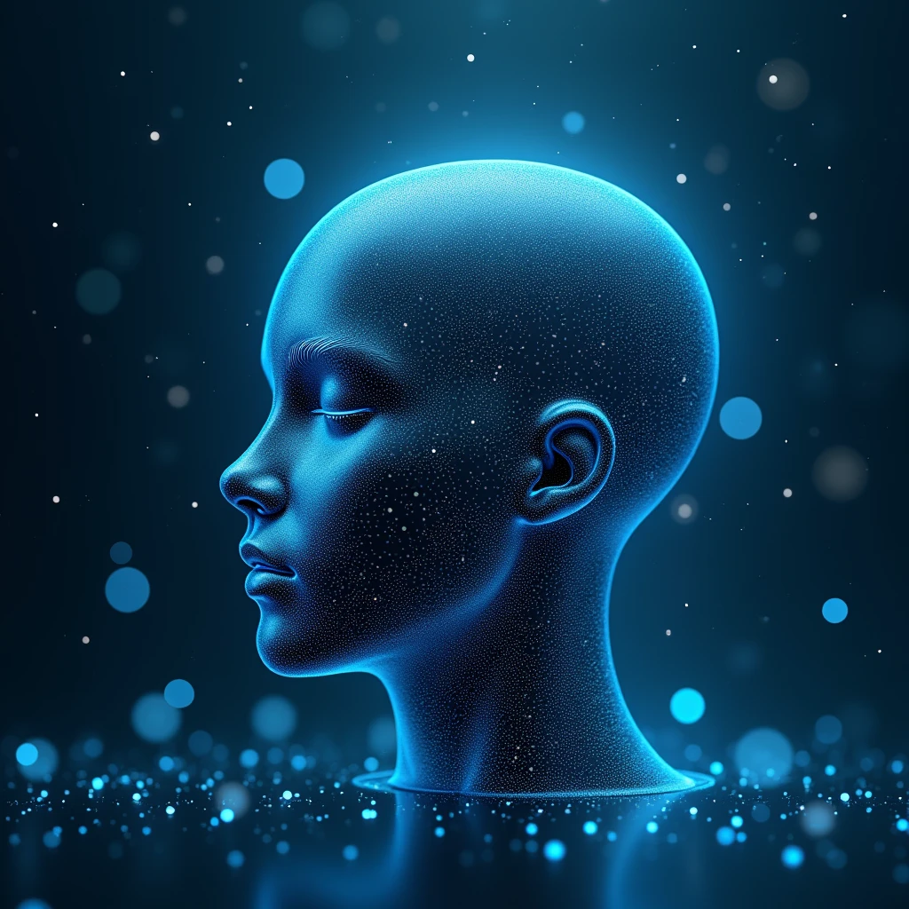 Biometric head with blue background and shining circles,Looks like light,In the dreamy dots,Data visualization style,Made of liquid metal,Space Silhouette,Multiple filter effects,UHD images,Exquisite dot painting,Art Photography