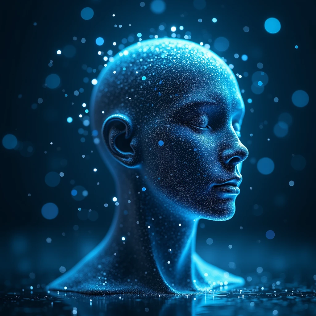 Biometric head with blue background and shining circles，Looks like light，In the dreamy dots，Data visualization style，Made of liquid metal，Space Silhouette，Multiple filter effects，UHD images，Exquisite dot painting，Art Photography