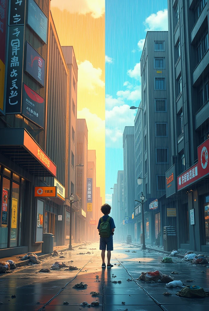 sunny on left side, raining heavily in right side, modernized stores with tvs both sides, student boy in the middle, garbage in the sidewalk