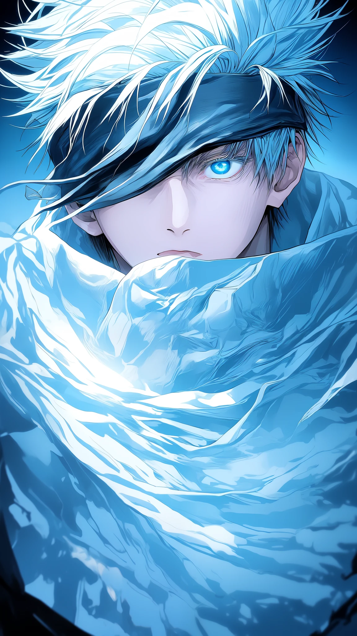 gojou satoru, 1boy, male focus, solo,  full body, blue eyes, blindfold, white hair, night, one eye covered, parted lips, high collar, looking at viewer, 
 