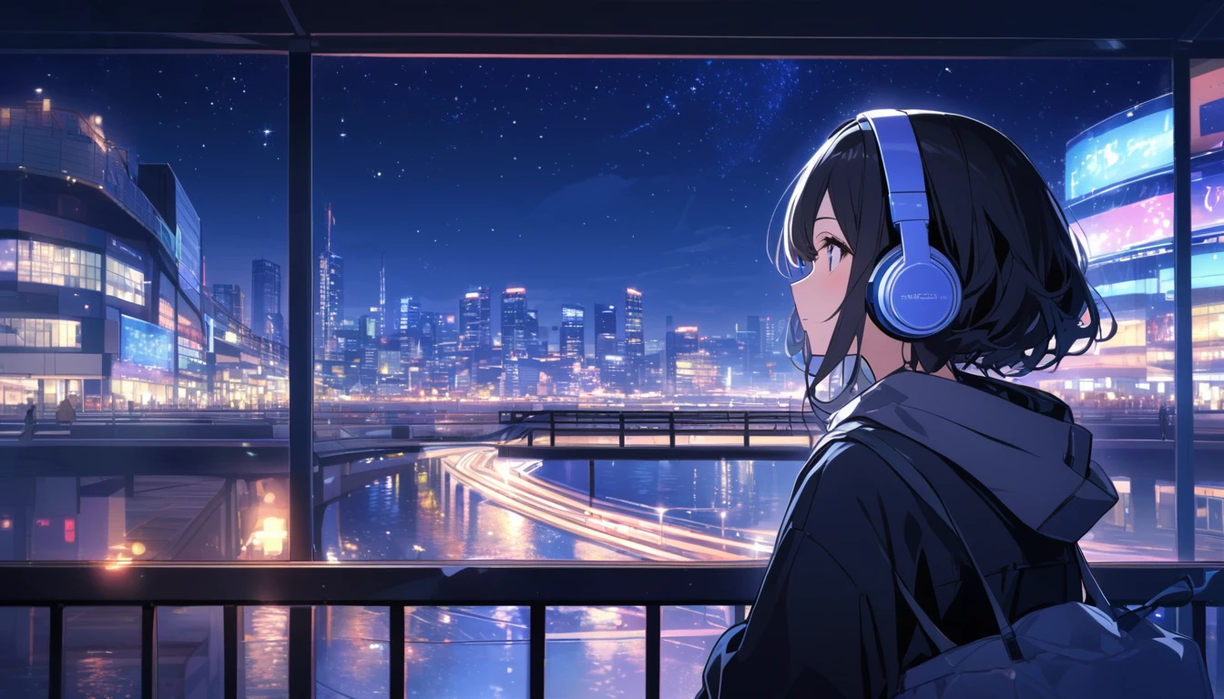 A black-haired woman wearing headphones looks at the night view of Yokohama from afar,Night starry sky,Streetscape、listen to music、Japanese