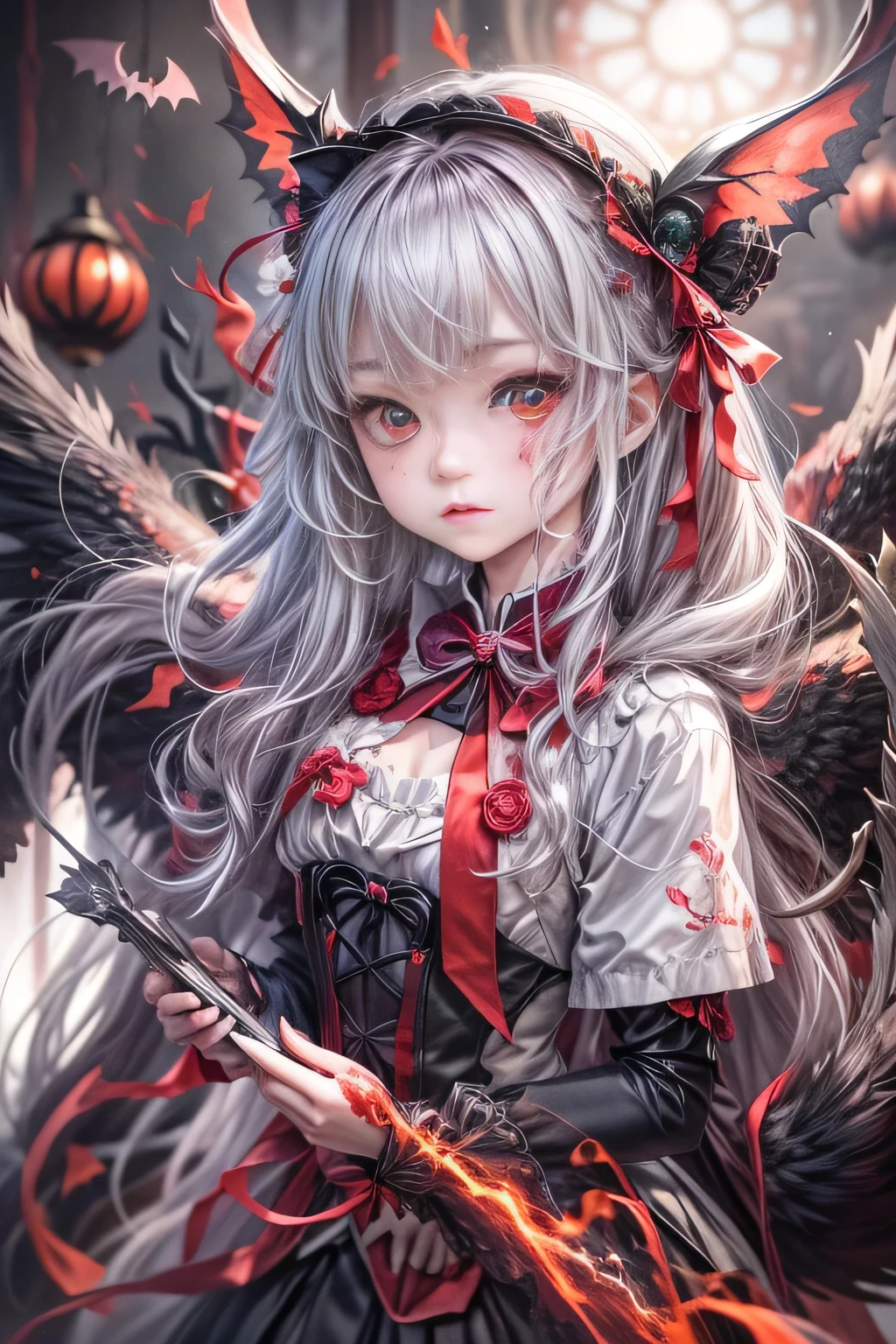 8k.Half Russian and half Japanese、Russian face、beautiful girl、princess、、Small face、Young face、Big eyes、Skinny、Small breasts、（（（Silver Hair、Silver Hair）））、With bangs、（（（High resolution big beautiful light blue eyes, ）））、Long Straight、（（（Red ribbon in hair、Floral decoration）））、Partially braided、Japanese school uniform、Gray school uniform、Red bow tie、A girl surrounded by fantastic red flames，（Girl with big bat wings）、2 people、twins、ヴァンパイアのprincess、（Sharp Fangs）（Blood dripping from fangs）、Red flame aura all over the body、（（Destroyed Cross））、Open coffin、Control countless red balls of fire、、Halloween Costumes, Pointy hat、Decorated pumpkins with intricate haunted house motifs.black magic、magic circle、（（Illuminated shadow of a bat on a cloud））、Old clock tower、fantasy landscape、A red light emanates from her chest and spreads through her veins、Red Flame Fantasy、Halloween Master、（（（A glowing red cat with bat wings）））、２Animals、Swarm of bats、central、god々Successfully、Bloody、Horror