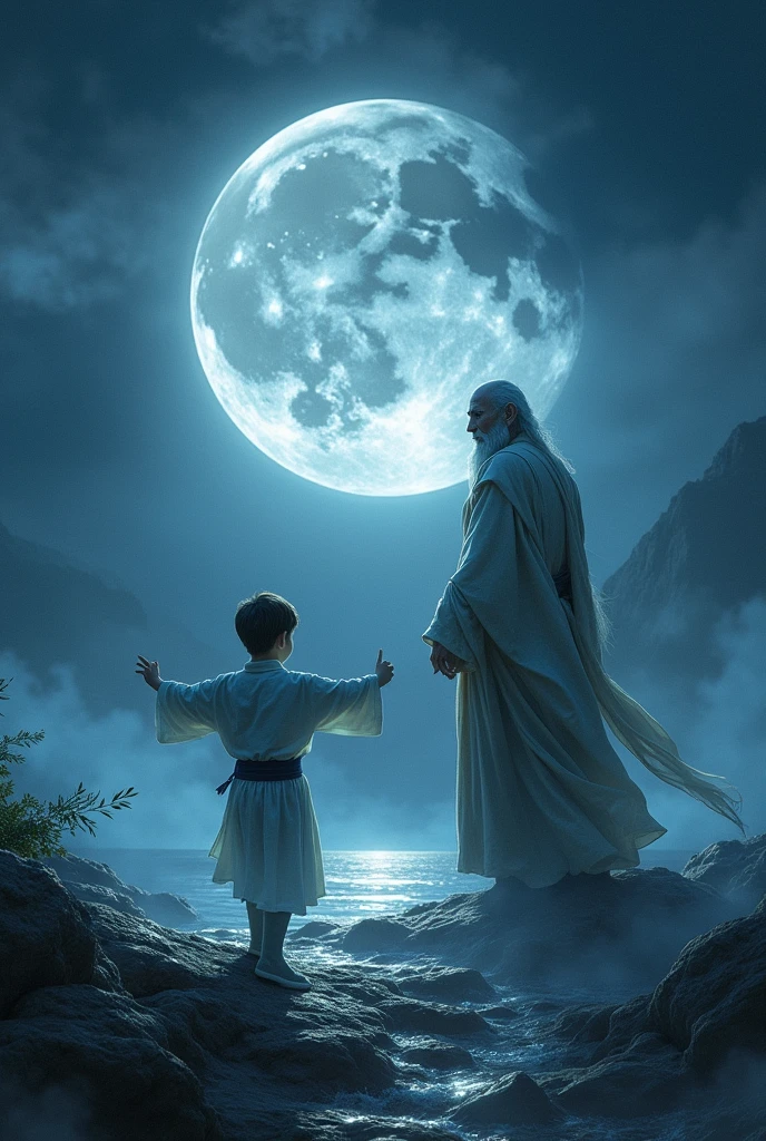 A design for a T-shirt where the young boy practices kung fu under the moonlight, with the guru watching from a distance. The scene has a mystical feel, with shadows and light playing off the characters. The name "Eartheola" is elegantly placed in a crescent moon shape above the scene.The name Eartheola written in english.सर्वं तव अन्तः अस्ति; तव अनन्तं सामर्थ्यं प्रबोधय it's written in sanskrit