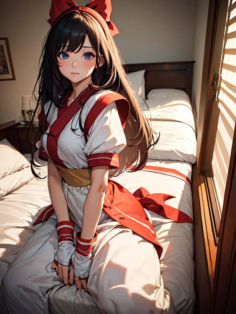 (​masterpiece、top-quality、hight resolution、Unity 8k、extremely details CG:1,Best Picture), ((red ribbon)), hair band, small breasts, fingerless gloves , short sleeves, 'Fine, you can make me [masturbation material].’hotel room, sit the bed,from front