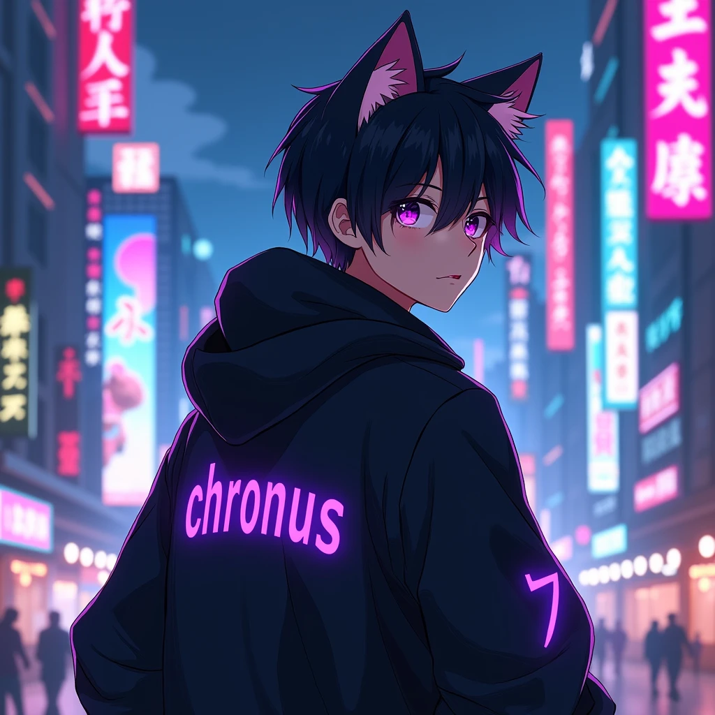 anime boy is wearing black jacket, with 
cat ears and with a purple text "chronus" at 
the back of his clothes, in citylights 
background