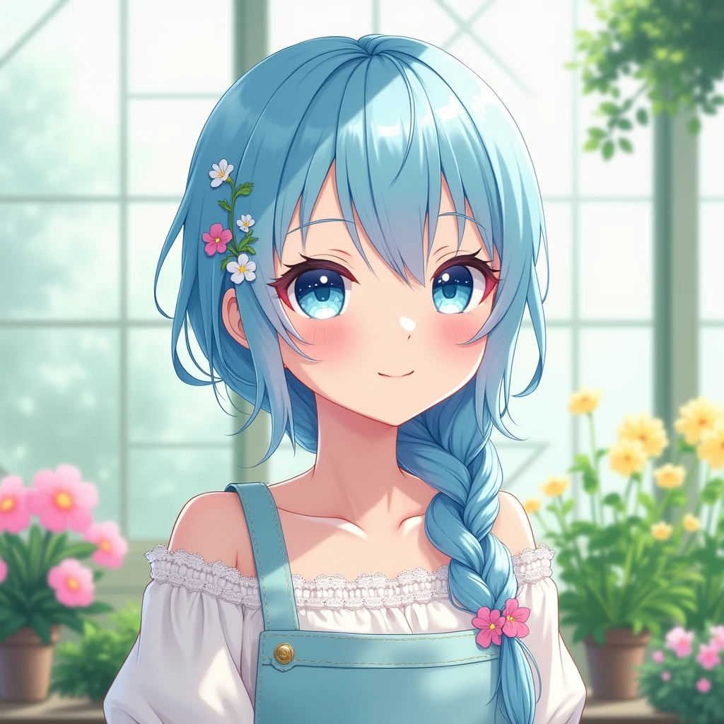 smile, Anime Style, Character portrait, Florist,Blue Hair/Light blue hair, Braid,