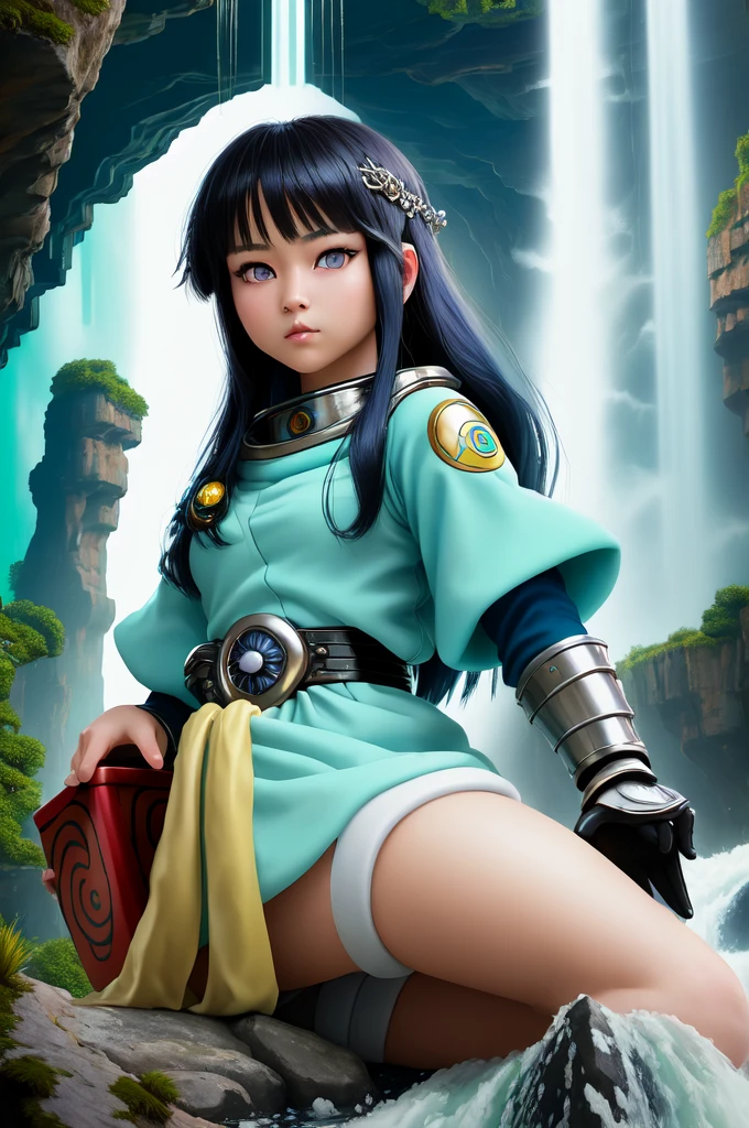 ((Highest quality)), ((masterpiece)), (detailed), Generate ultra-realistic full-body portraits , Very white skin, Very long turquoise hair, Dark blue eyes, (Small box: 1.2), Japan nationality, (height: 1.00 Metro), With waist wrap (short: 1.4), She is covered in armor with motifs of each colored Squirtle.., Bold Style (Browsing Caution), Bold cuts, Bold and futuristic design. Semi-realistic style, River with a waterfall in the background, (Ultra-Realistic Backgrounds), ((Highest quality)), (Good lighting)