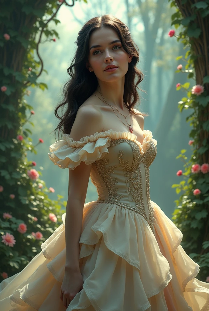 Sydney sweeney in fairytalw dress,dark hair