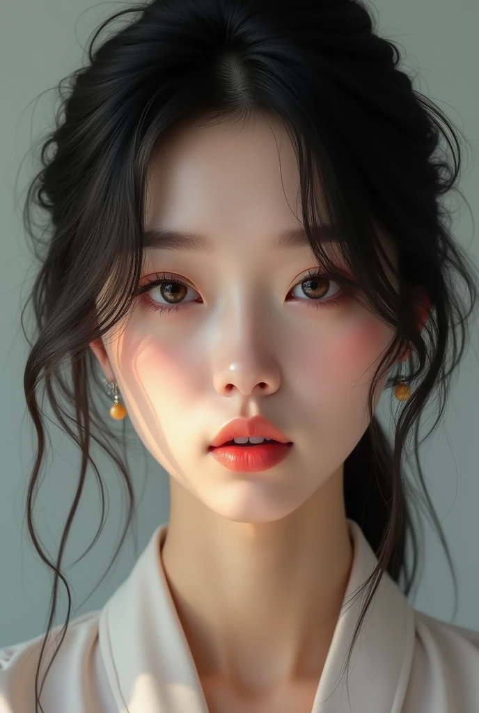 portrait of an extremely beautiful korean woman, fair skin, black hair with tousled waves, bright light, looking at viewer, solid background color