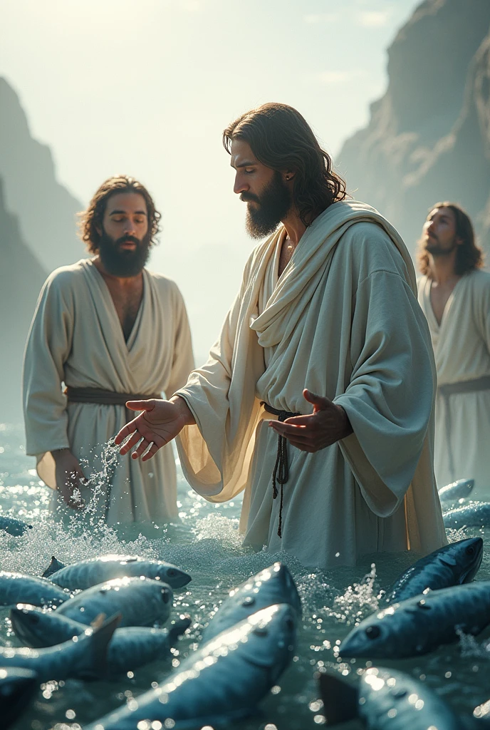 Jesus with peter and his brother catching many fishes, high quality, 8K Ultra HD, crisp lines, The background is monochrome, sharp focus, double exposure, awesome full color,