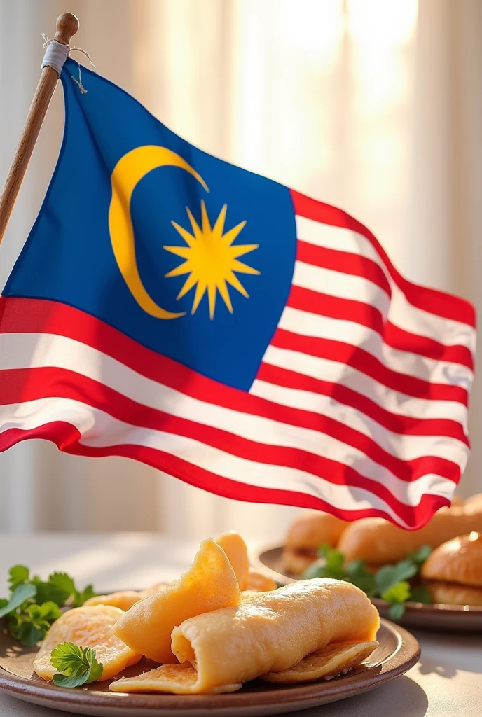 Help me generate an image of the Malaysia flag for merdeka day this poster has to be a background for the food that will be put into it. Do not include any food in it just the flag