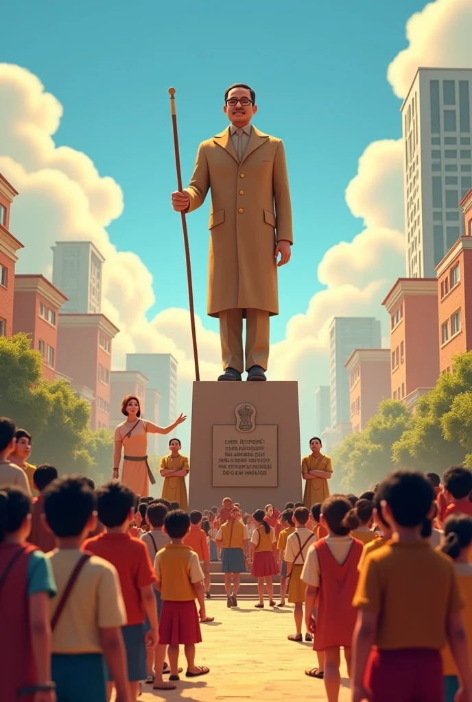 In cinematic 3D cartoon style: Scene: The final scene shows Dr. Ambedkar's legacy. The animation moves through different scenes—a statue of Ambedkar being unveiled, students reading about him in schools, people from all walks of life paying their respects at his memorial. The background should shift from rural villages to modern cities, symbolizing the widespread impact of his work. The animation ends with a close-up of Ambedkar’s statue, with the words “Father of the Indian Constitution” inscribed, as the camera pans out to show a diverse crowd gathered in reverence.