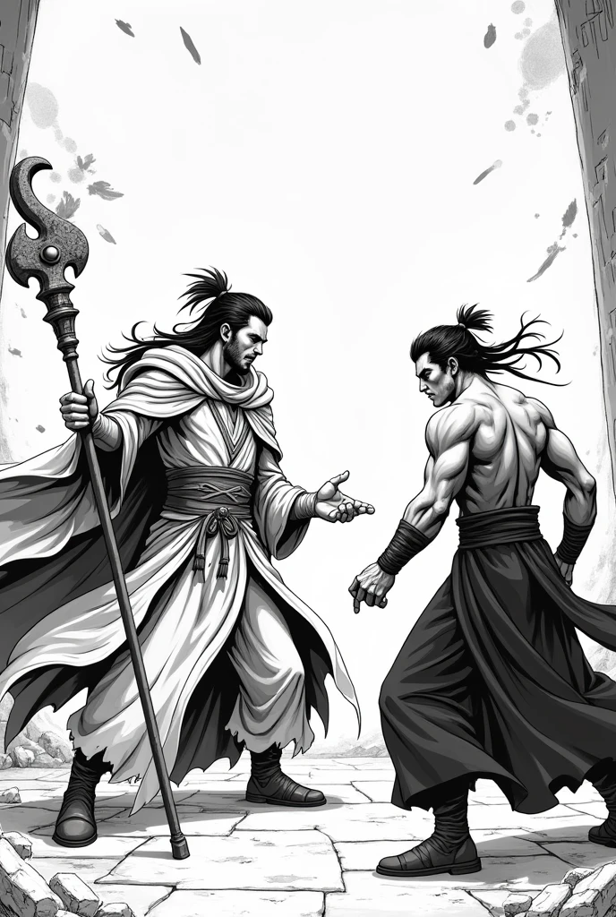 Give me a panel of Mage Vs martial art facing off before the fight but manga