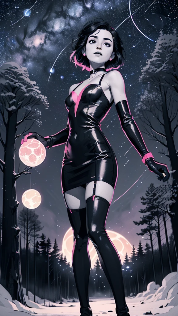 one girl, solo, slender body, fit body, (bust:1.3), (black eyes:1.3), black hair, (short hair:1.2), masterpiece, highly detailed, look at viewer, (look from below, below view:1.3), (leather dress, choker:1.4), (long exposure starry sky with many circular orbits, many stars twinkling in a beautiful bright winter night sky, forest, fractal art, bright colors, colors mashing, complimentary colors, neon, compassionate:1.3), expressing joy, (dark sky background:1.1), (bare shoulders:1.4), (small breast size, small breasts, tiny breasts, flat chest, male chest:1.3), (limited palette:1.7), (legs in leather stockings:1.2)