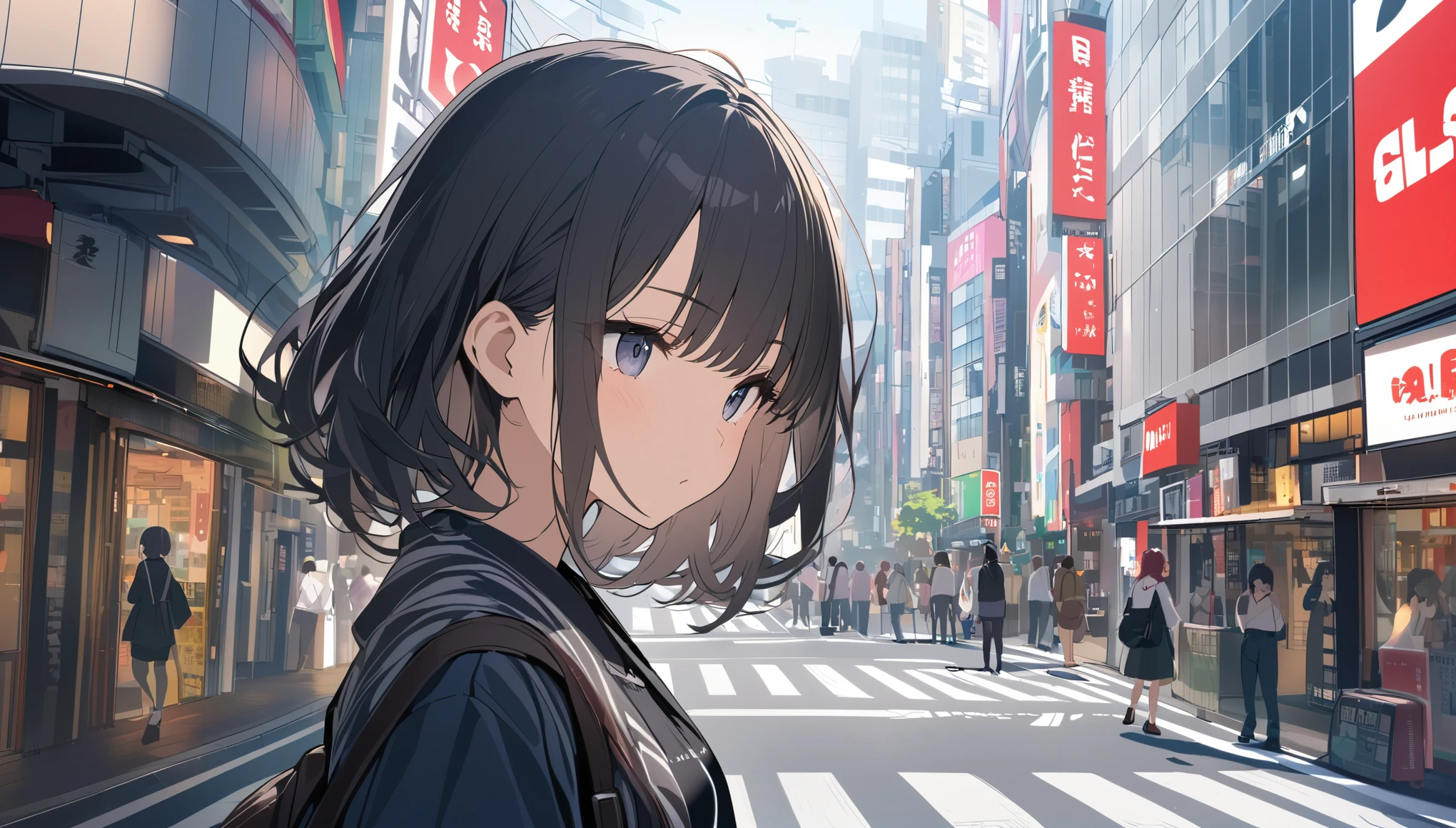 A black-haired woman looking out over Shibuya, Tokyo,Streetscape、listen to music、Japanese
