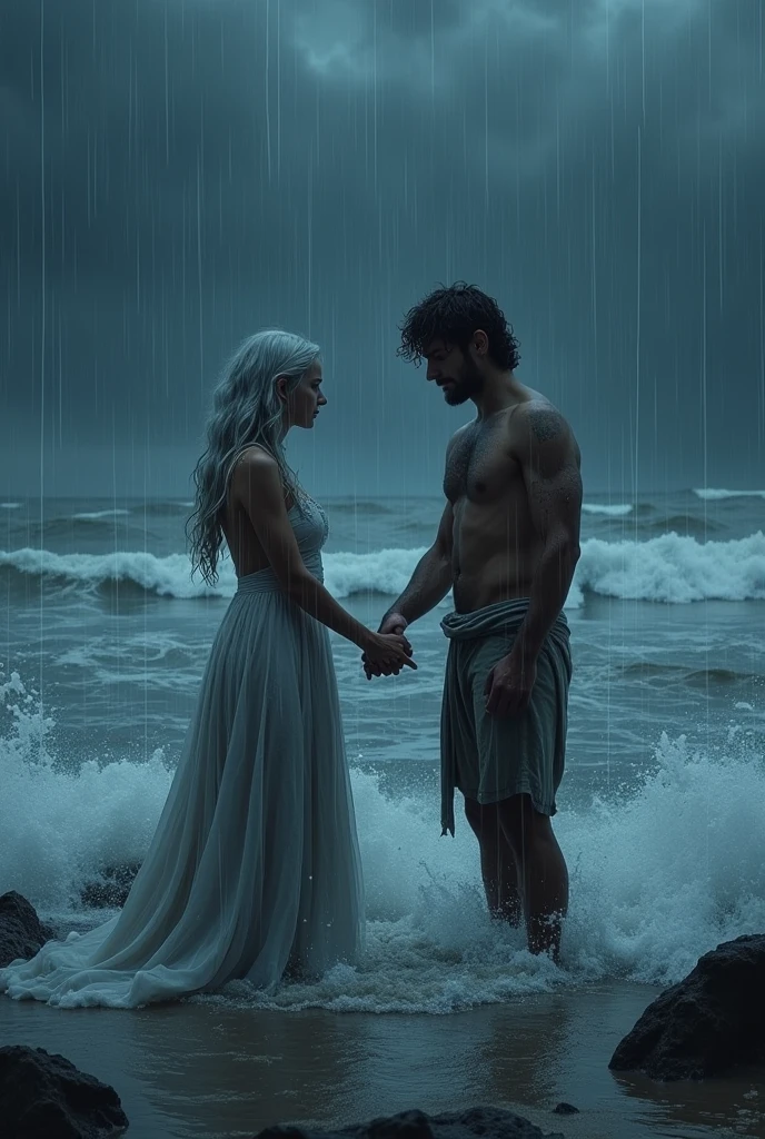 Scene 5: The Stormy NightPrompt: A dramatic scene on a stormy night where Leo and Lyra meet on the shore for what they fear might be the last time. Dark clouds loom overhead, and heavy rain pours down, causing the ocean to churn with violent waves. Lyra’s eyes are filled with tears as she stands in the water, her silver hair plastered to her skin by the rain. Leo, drenched and determined, holds her hand, refusing to let go despite the chaos around them.