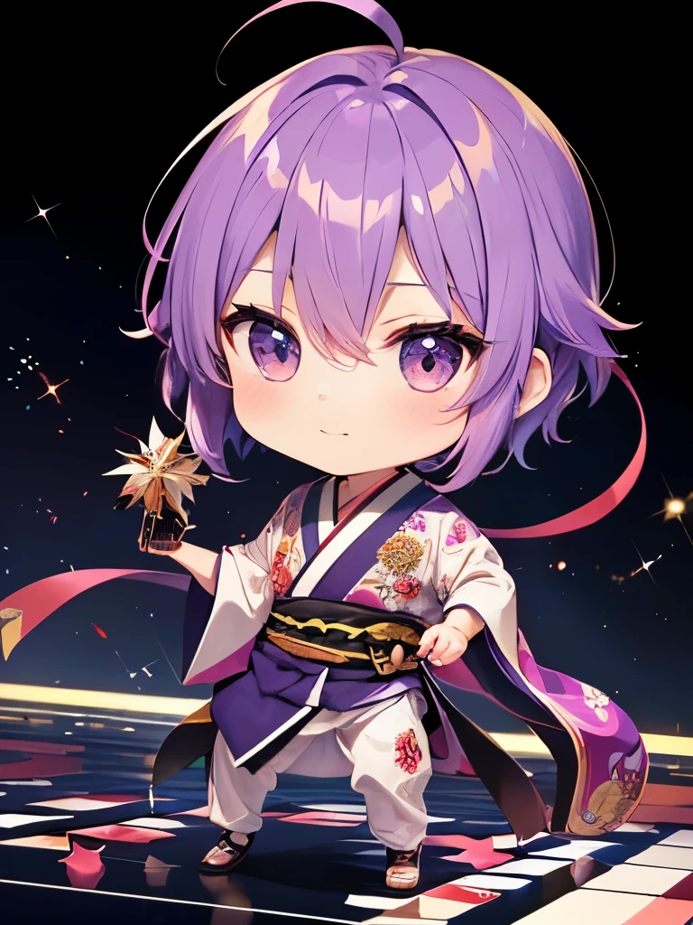 (((Dance Band)))、Purple haired male chibi character、(((Handsome Chibi Characters)))、A beautiful depiction using tens of thousands of colors、masterpiece、Ultra HD、super high quality、8k、(((Purple-haired chibi character dancing while mixing)))、A delicate and cool sari-style outfit combined with a Japanese festival theme