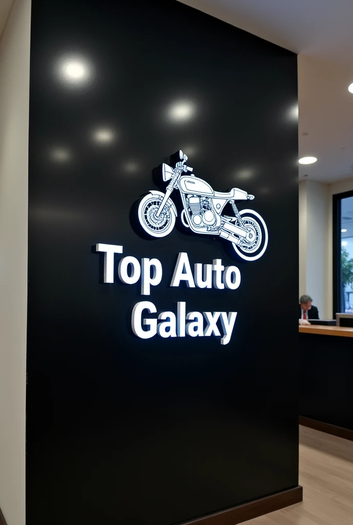 Make a board for my shop. The name is TOP AUTO GALAXY. The board should be black ACP board and font should be white. Make a bike within these words