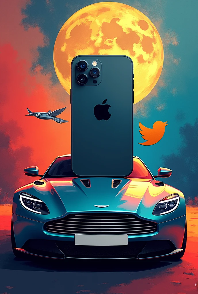 Put the iPhone apple in the middle and the thing on top of the apple put the Twitter bird and below the apple put the Aston Martin logo with a paidajude Background