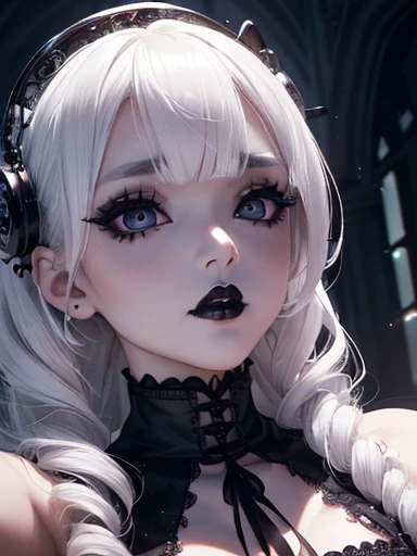 (1 girl 1.3) (extremely detailed 1.3) (anatomically correct, High precision, realistic skin) (RAW photo, Super detailed, advanced details, intricate details,), (Lighting: Face lighting, Ray tracing, reflective light, Structurally correct) ((Gothic house, candlelight 1.3)) (Subject: beautiful Asian woman with White hair in curls and coils) (wearing: glamorous detailed embroidered gothic black corset, white panties, detailed neck wrists and fingers, ((beautiful big eyes looking up at the viewer, black shiny lipstick, perfect Asian goth cyber makeup))