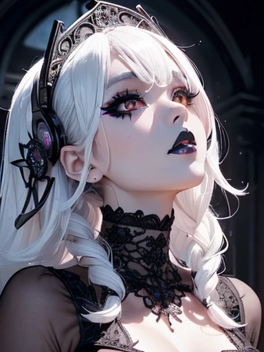 (1 girl 1.3) (extremely detailed 1.3) (anatomically correct, High precision, realistic skin) (RAW photo, Super detailed, advanced details, intricate details,), (Lighting: Face lighting, Ray tracing, reflective light, Structurally correct) ((Gothic house, candlelight 1.3)) (Subject: beautiful Asian woman with White hair in curls and coils) (wearing: glamorous detailed embroidered gothic black corset, white panties, detailed neck wrists and fingers, ((beautiful big eyes looking up at the viewer, black shiny lipstick, perfect Asian goth cyber makeup))