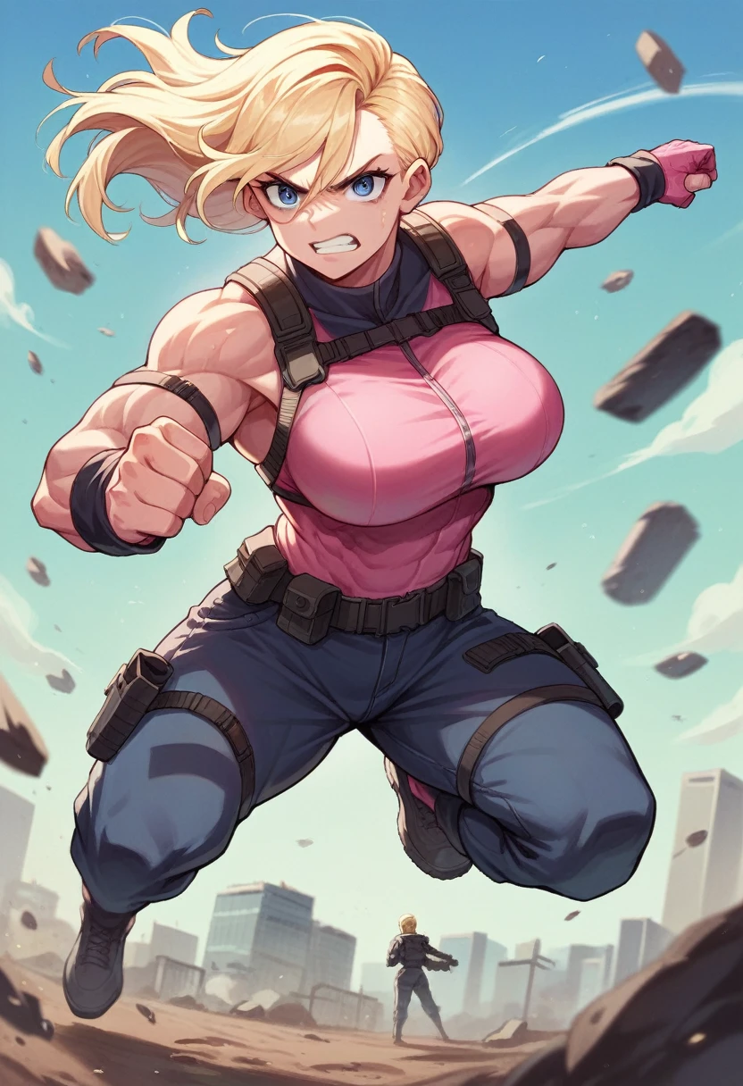 young woman. blonde. for the.long. blue eyes. as a superhero. Black and pink fitted suit. very big breasts. Very muscular. Armed with two huge tactical pistols. action pose. Urban mafia combat scenario