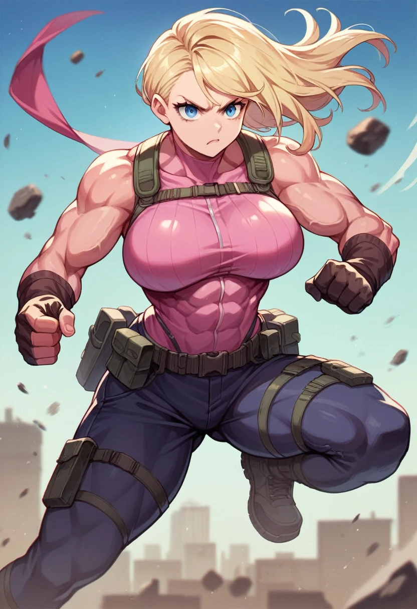 young woman. blonde. for the.long. blue eyes. as a superhero. Black and pink fitted suit. very big breasts. Very muscular. Armed with two huge tactical pistols. action pose. Urban mafia combat scenario