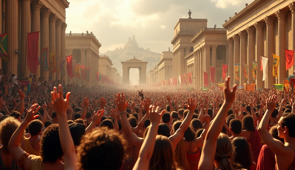 Ancient city of Troy, people are celebrating on the streets after a long war