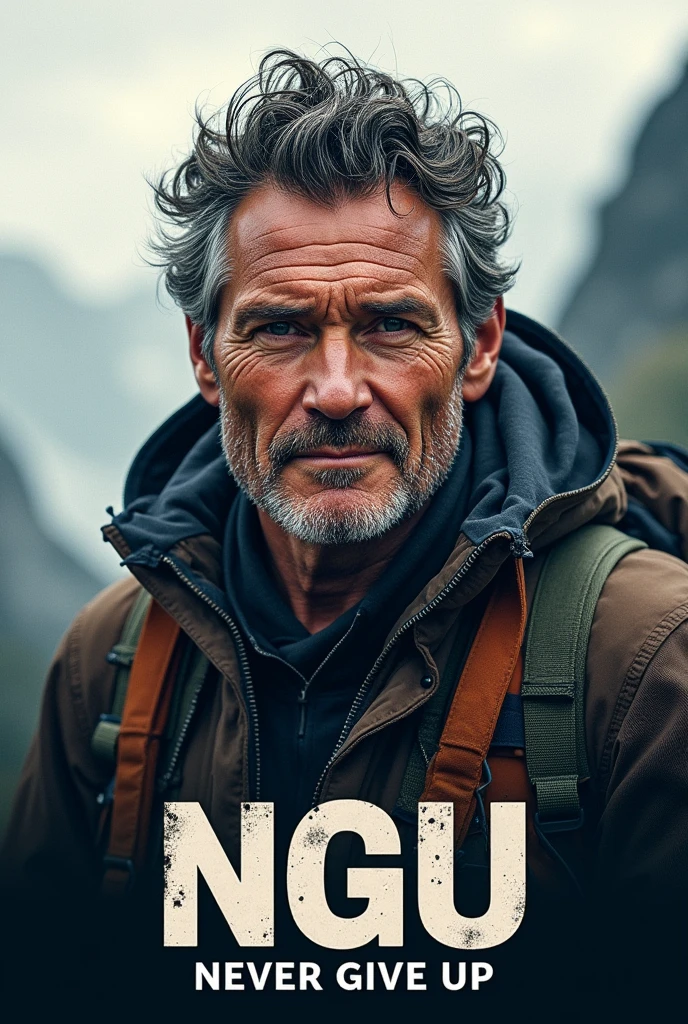 Make a poster written Never Give Up in short way NGU with a picture of bear grylls.
