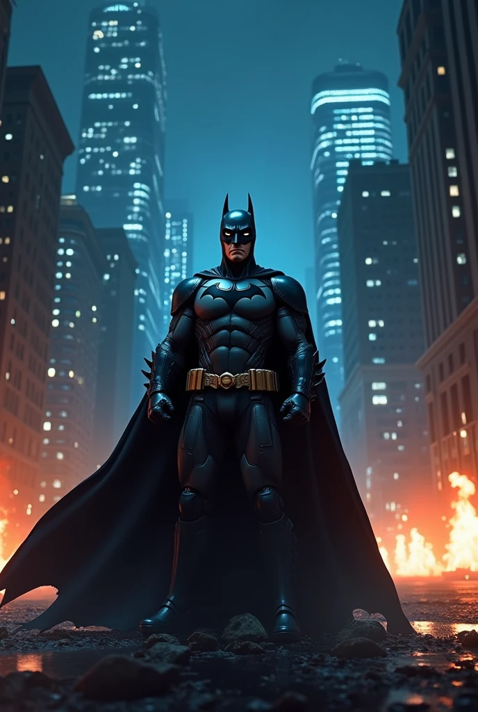 A batman standing in night and fire in background and skyscraper view and neon blue light in background
