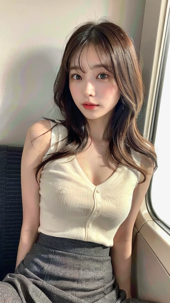 (masterpiece:1.3), (8k, Realistic, RAW Photos, Best image quality: 1.4), (Random Hairstyles:1.2)、(Highly detailed face)、Attention to detail、double eyelid、(Dark Eyes),(Sharp focus:1.2)、((whole body:1.5)),One Woman、Beautiful woman:1. 4,20-year-old woman、smile,Woman with a perfect body,Chest-length hair、Highest quality、masterpiece、Ultra-high resolution、(Realistic:1.4)、super high quality、Symmetrical face、The face is very realistic、Photo level、8k最高画質はフル、Sebaceous reflex、The face is very realistic、Extremely realistic skin、Realistic light and shadow effects、(Pure and elegant),Professional Lighting、((Shade,dim)),((Swayback stance)),(((Beautiful thighs))),((Recurve your hips back,Bend your waist)),((on the train)),((sit in a train seat)),student,student服,((Skirt too short)),(((I can see her panties))),