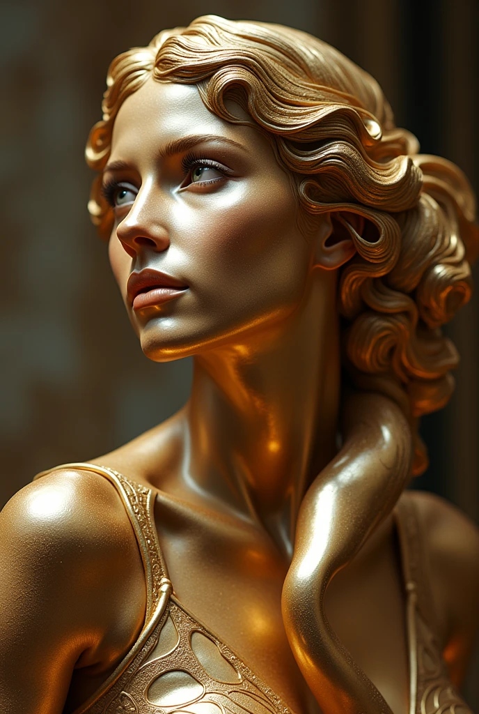 (maximalist:1.5)，(Metal sculpture of a beautiful girl:1.3)，(Lines are curved and smooth:1.2)，golden colored，(rainbowing:1.1)，abstract sculpture，minimalistic background，Line winding sculpture，(Best quality，ultra - detailed，Best Best Illustration，The best shadow，tmasterpiece，A high resolution，professionalartwork，famousartwork），heavy metal style，Post-industrial style，A futuristic，Delicate curves,Stylized abstract sculpture of beautiful girl,heavy metal style，postmodern industrial style，hyper realisitc，metallic  luster，metalictexture