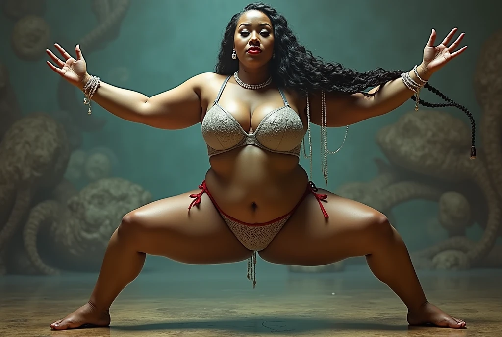 Slightly fat, super plump, Very plump, pearls necklace, Ring in the nose, 耳Nipple Ring, Anklets, Thick lips, black-skinned, Crystal heels, leather whip, bald head smooth, The expression is pompous, Heart-shaped bra, red colour, Pink clothes, Tight clothing or pajamas, Pajamas made of silk, (full body1:1), Slightly fat, Intricate court costumes, Gorgeous European court costumes in black and white, posing elegantly, bald head smooth, (((((bald))))), braided ponytail, eyepatch, mole under eye, makeup, seductive smile, chiaroscuro, close-up, cowboy shot, masterpiece, ccurate, high details, high quality, highres, anatomically correct, ccurate